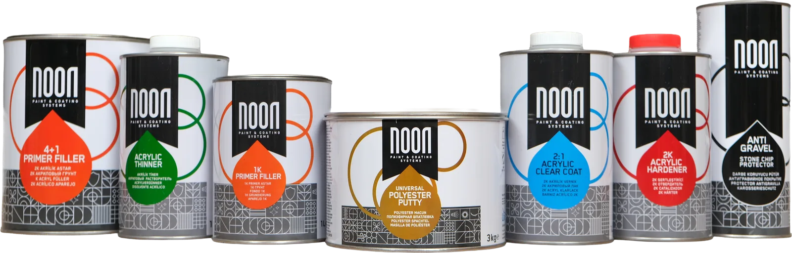 NOON Paint & Coating Systems ürün ailesi: macun, astar, vernik, sertleştirici ve tiner ambalajları
